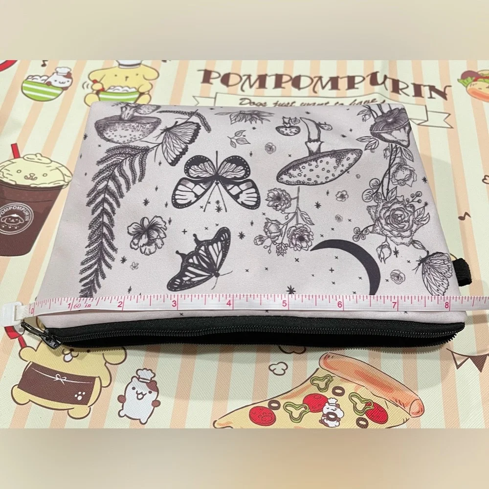 Butterfly, Flower, Mushroom and Moon Whimsical Print Zip Makeup Bag NWOT